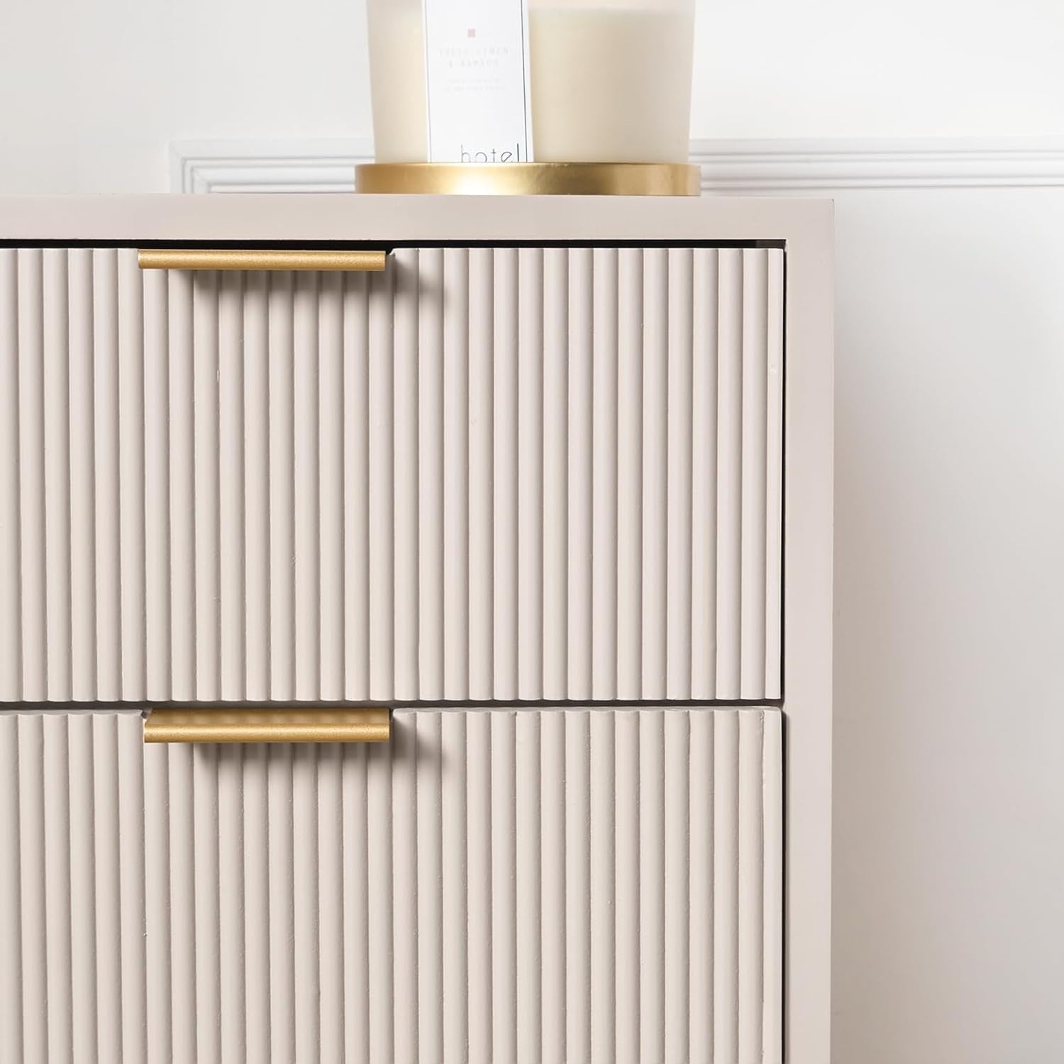 Modern Beige 4 Drawer Bedside Table | Tall Ribbed Nightstand with Gold Legs