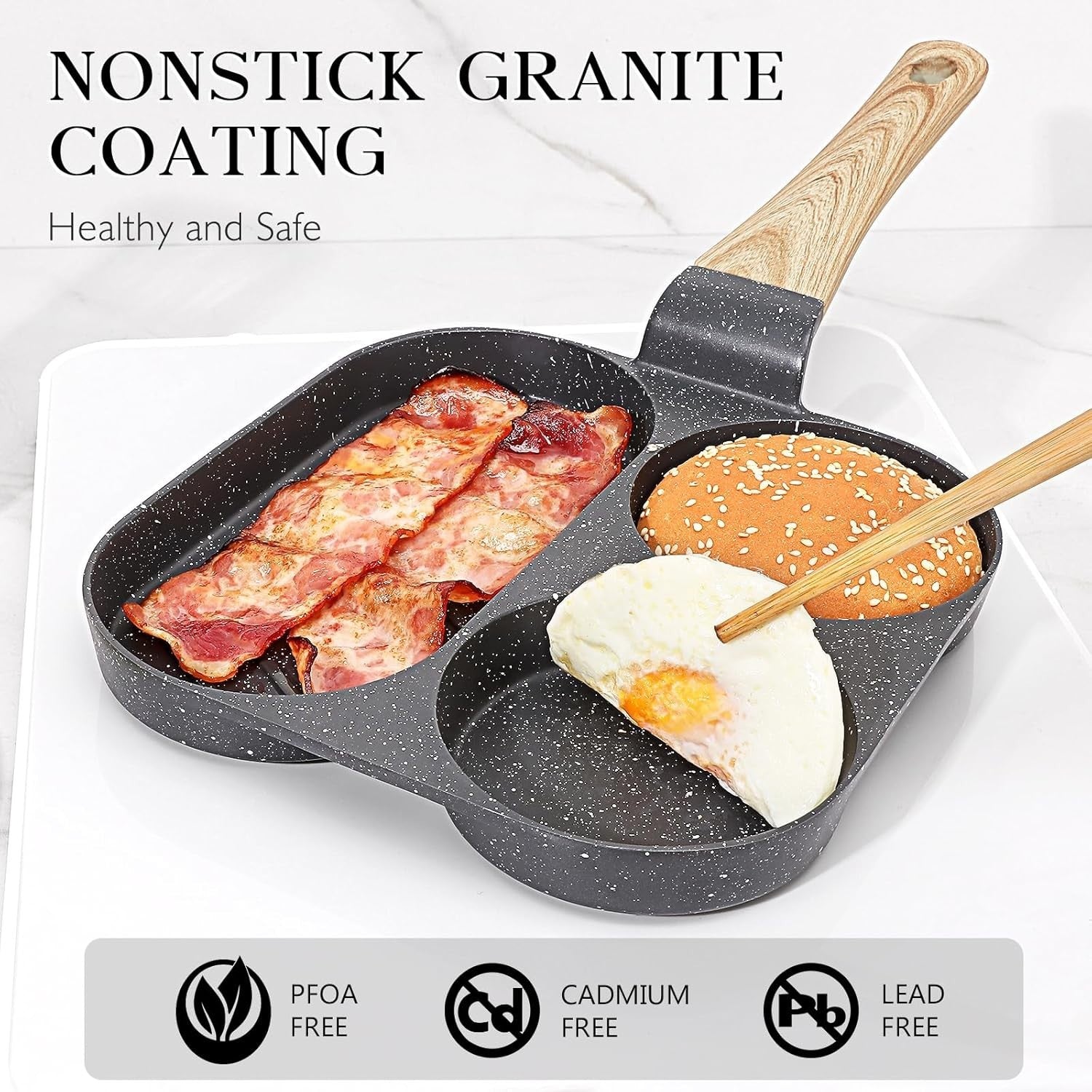 3-Cup Non-Stick Egg Pan Granite Omelette Skillet, Multi-Section Pan Grey