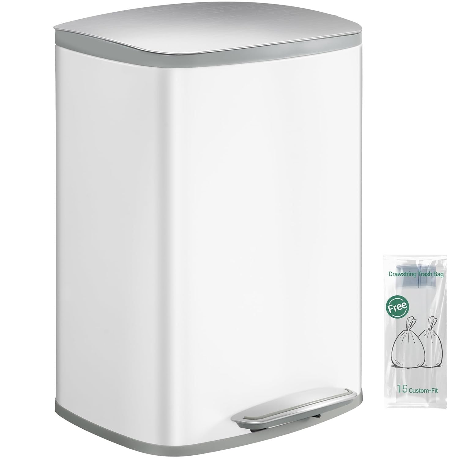 50L Stainless Steel Kitchen Bin Soft Close Pedal Lid White