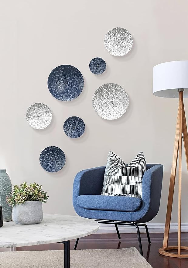 Silver & Blue Wall Decor 7PCS Metal Sculptures Modern Home Art