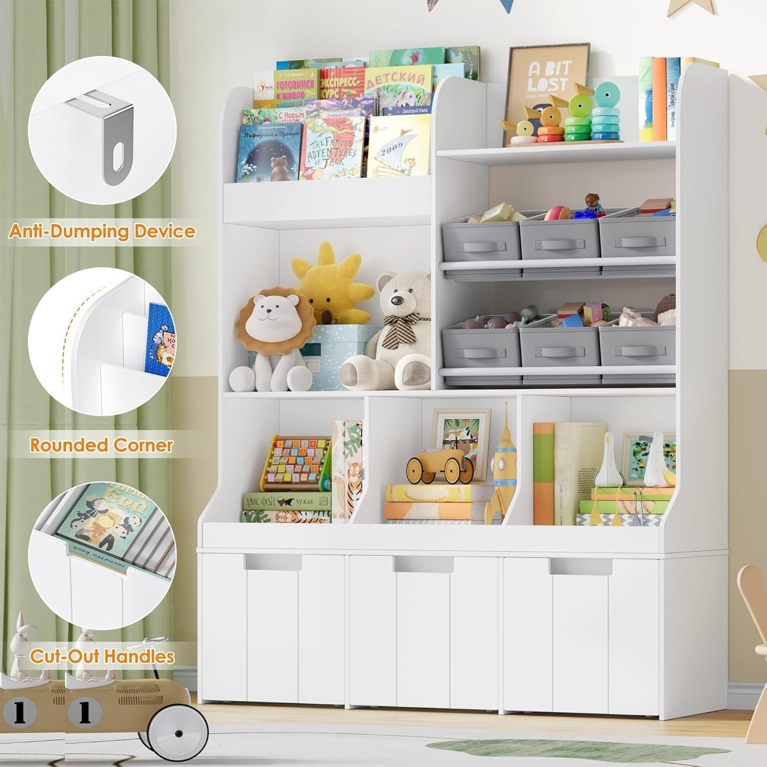 Kids Toy Storage Unit Bookcase Organizer w/ Bins Drawers Wheels Nursery White