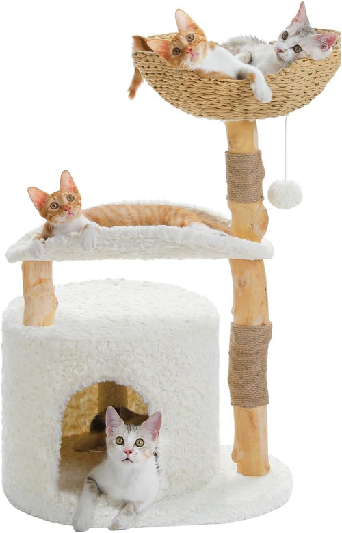Modern Wooden Cat Tree 38in Tower with Wicker Basket Condo Curved Perch
