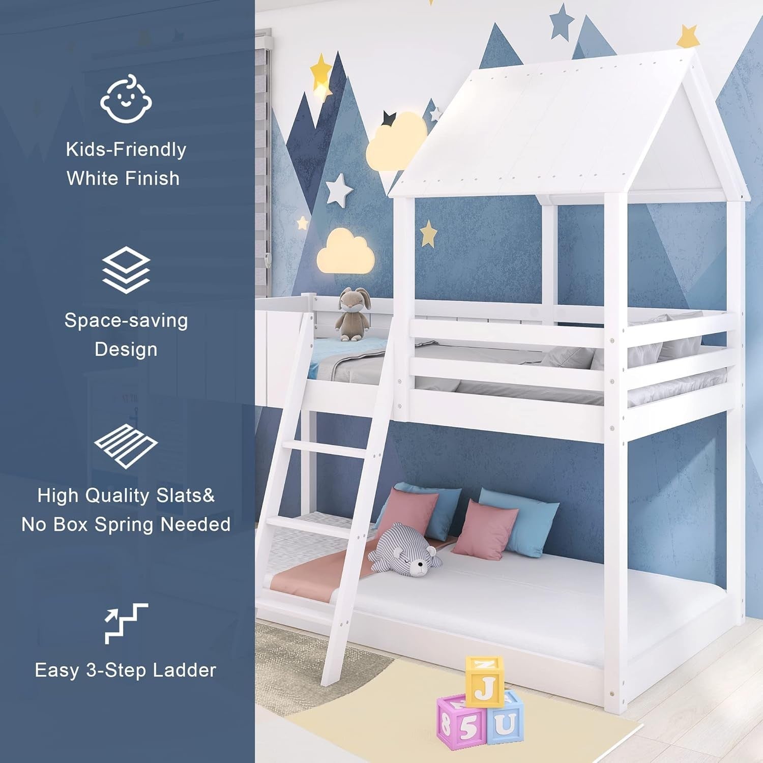 White Kids Bunk Bed with Canopy Ladder Storage | Mid Sleeper 90x190cm