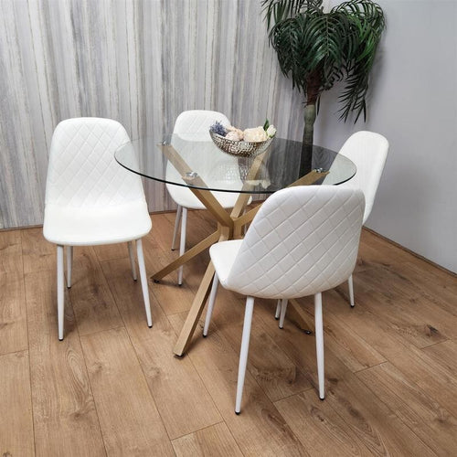 Round Glass Dining Table Set with 4 White Leather Chairs Oak Metal Legs