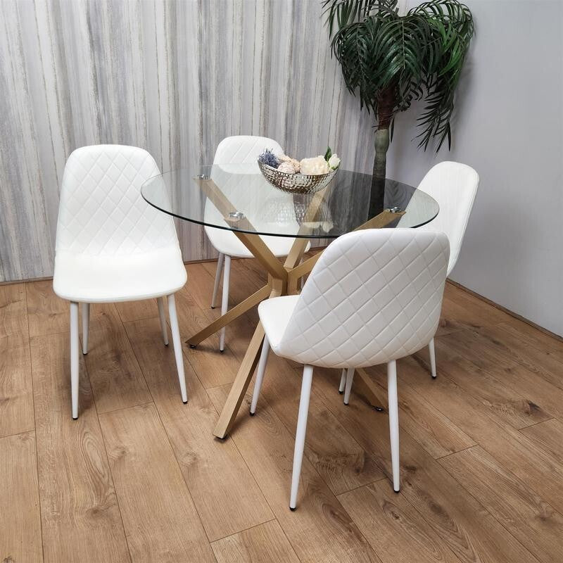 Round Glass Dining Table Set with 4 White Leather Chairs Oak Metal Legs