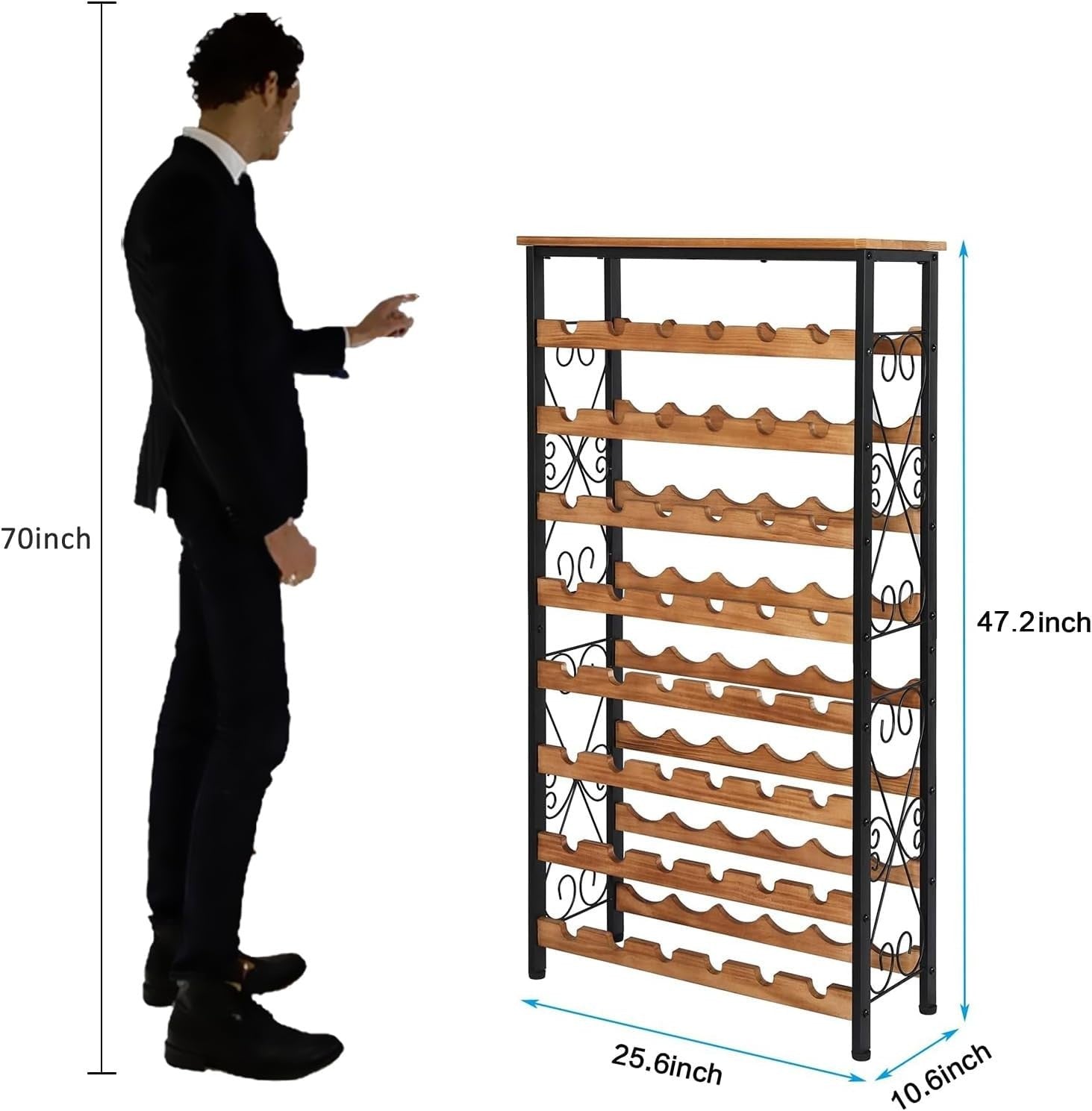 48 Bottle Wine Rack Floor Standing with Wood Top Shelf Rustic 8-Tier Storage