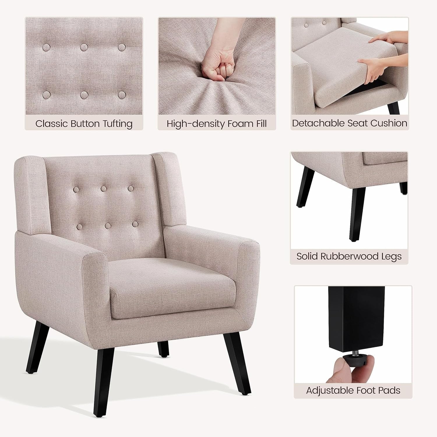 Tub Chair Button‑Tufted Linen Accent Armchair Modern Cozy Seat Beige
