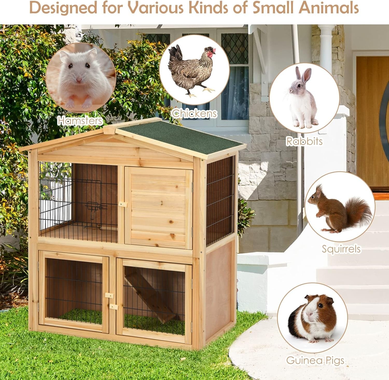 Wooden Rabbit Hutch 2 Storey Indoor Outdoor Pet Cage Ramp Doors