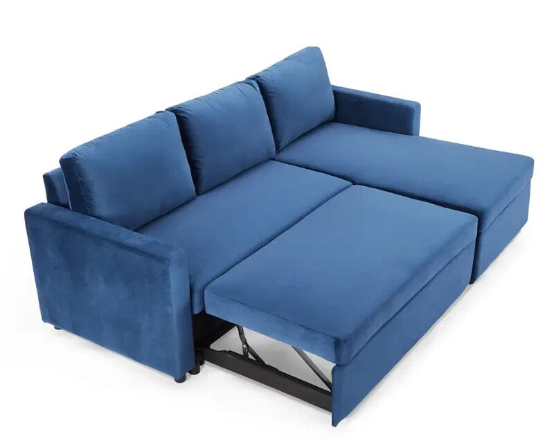 3 Seater Sofa Bed Blue Velvet | Pull Out Chaise with Storage | Reversible