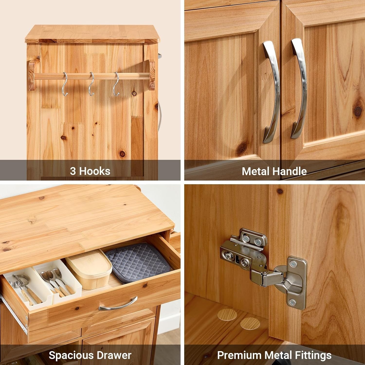Solid Wood Kitchen Trolley on Wheels Storage Cart Wine Rack Drawer