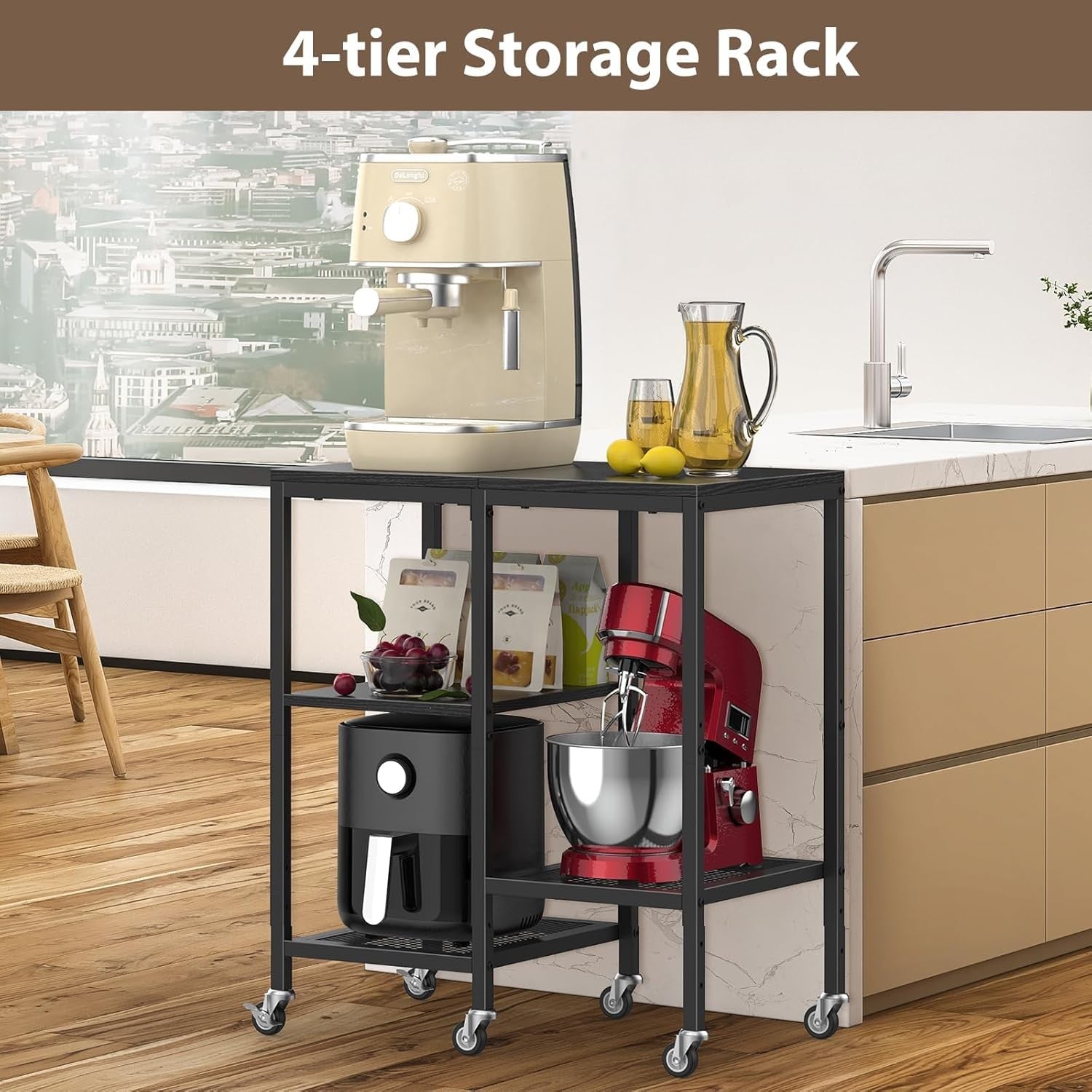 4 Tier Kitchen Storage Rack on Wheels Coffee Bar Baker’s Trolley Black