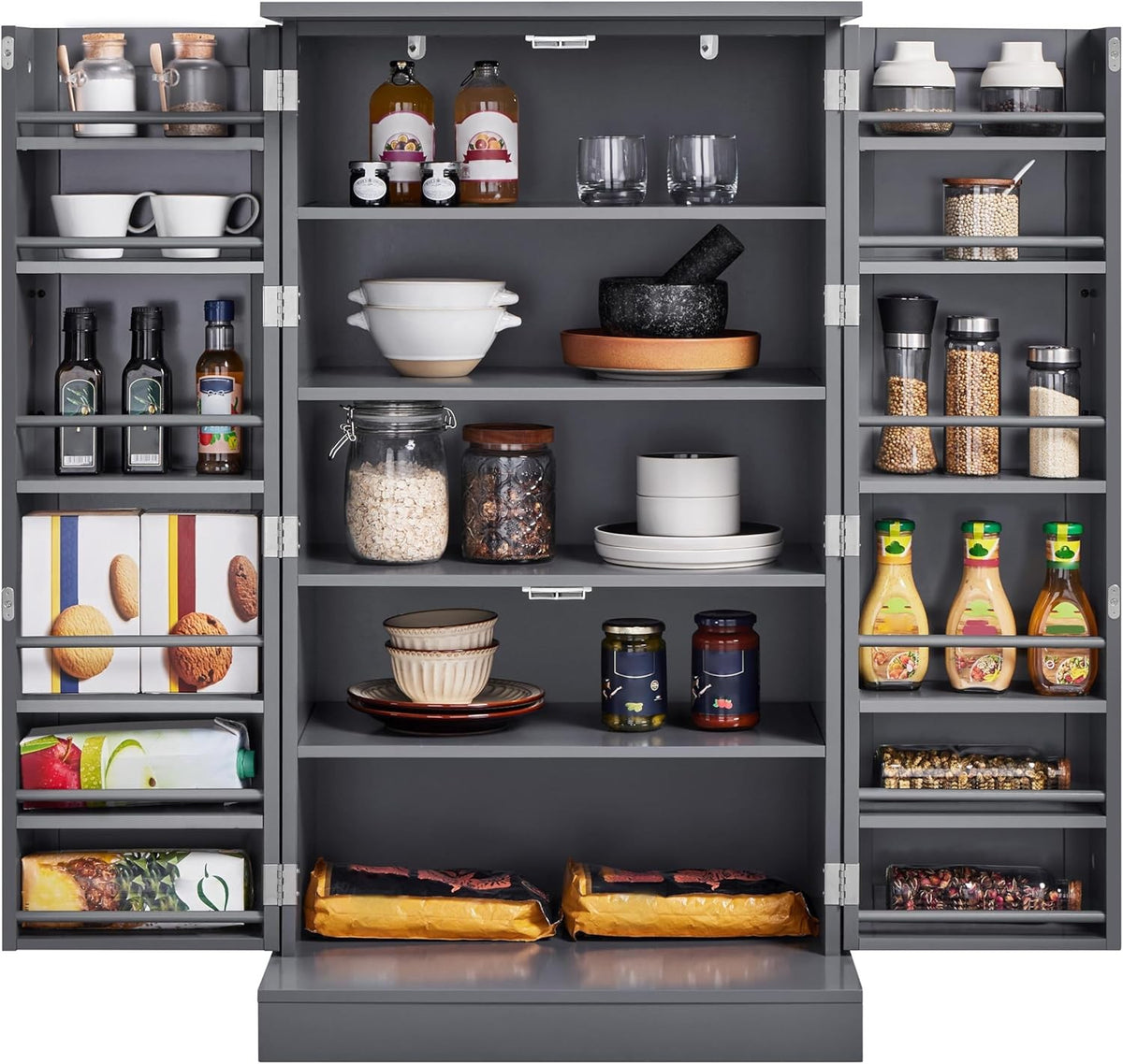 Dark Grey Kitchen Cupboard 6 Shelf Wooden Pantry Storage Cabinet Unit