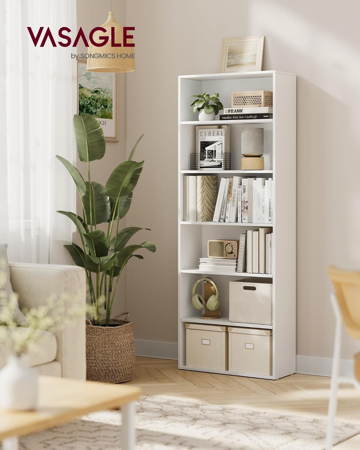 6-Tier White Bookcase 60cm Wide Tall Adjustable Shelving Unit Modern Storage