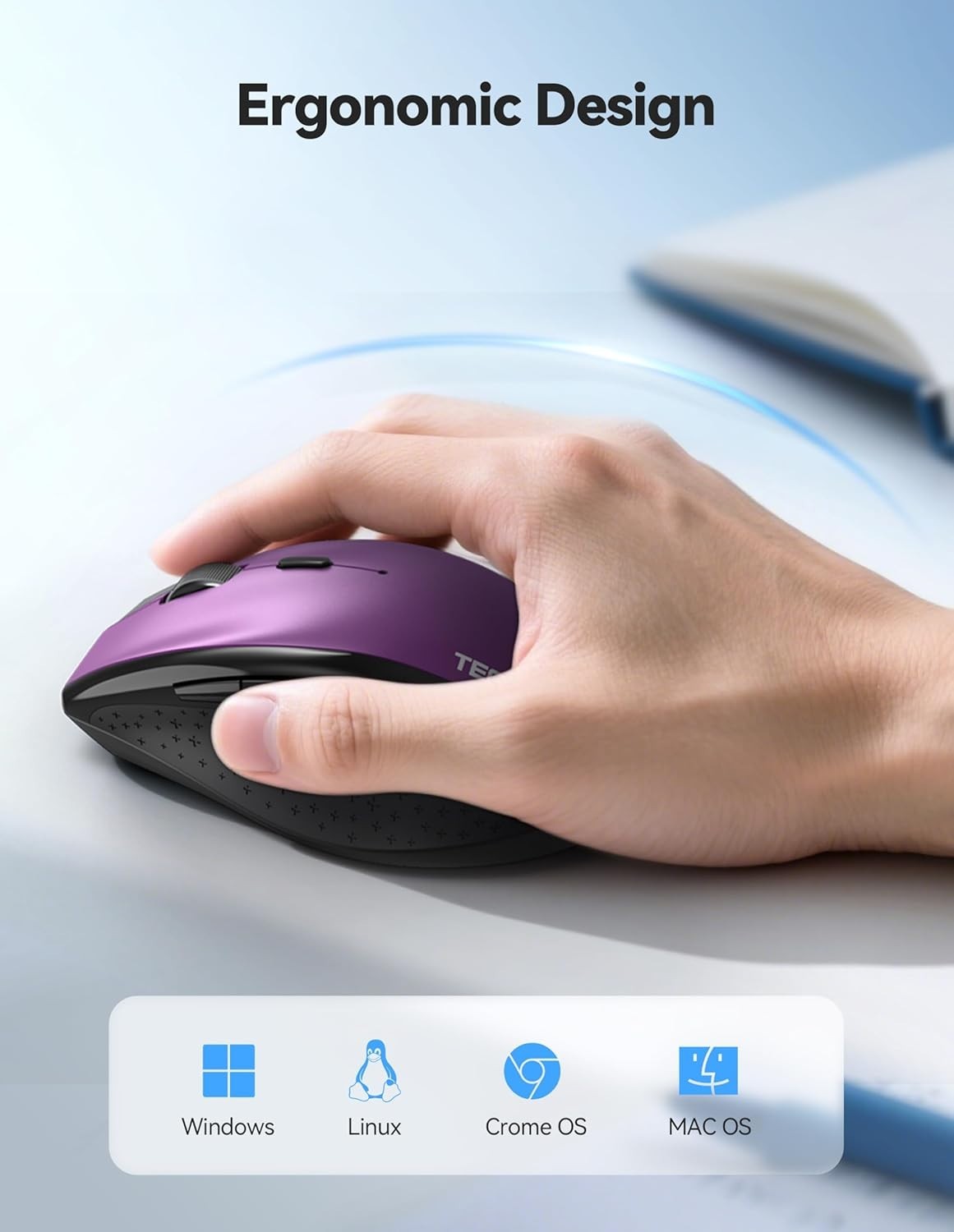 Purple Rechargeable Wireless Mouse 6400 DPI Silent Ergonomic USB Laptop PC