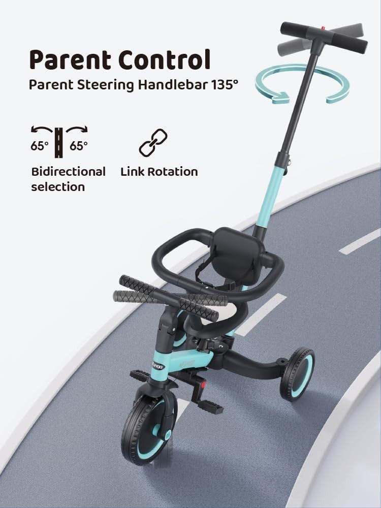 5 in 1 Toddler Tricycle Parent Handle Safety Guard Balance Bike Blue