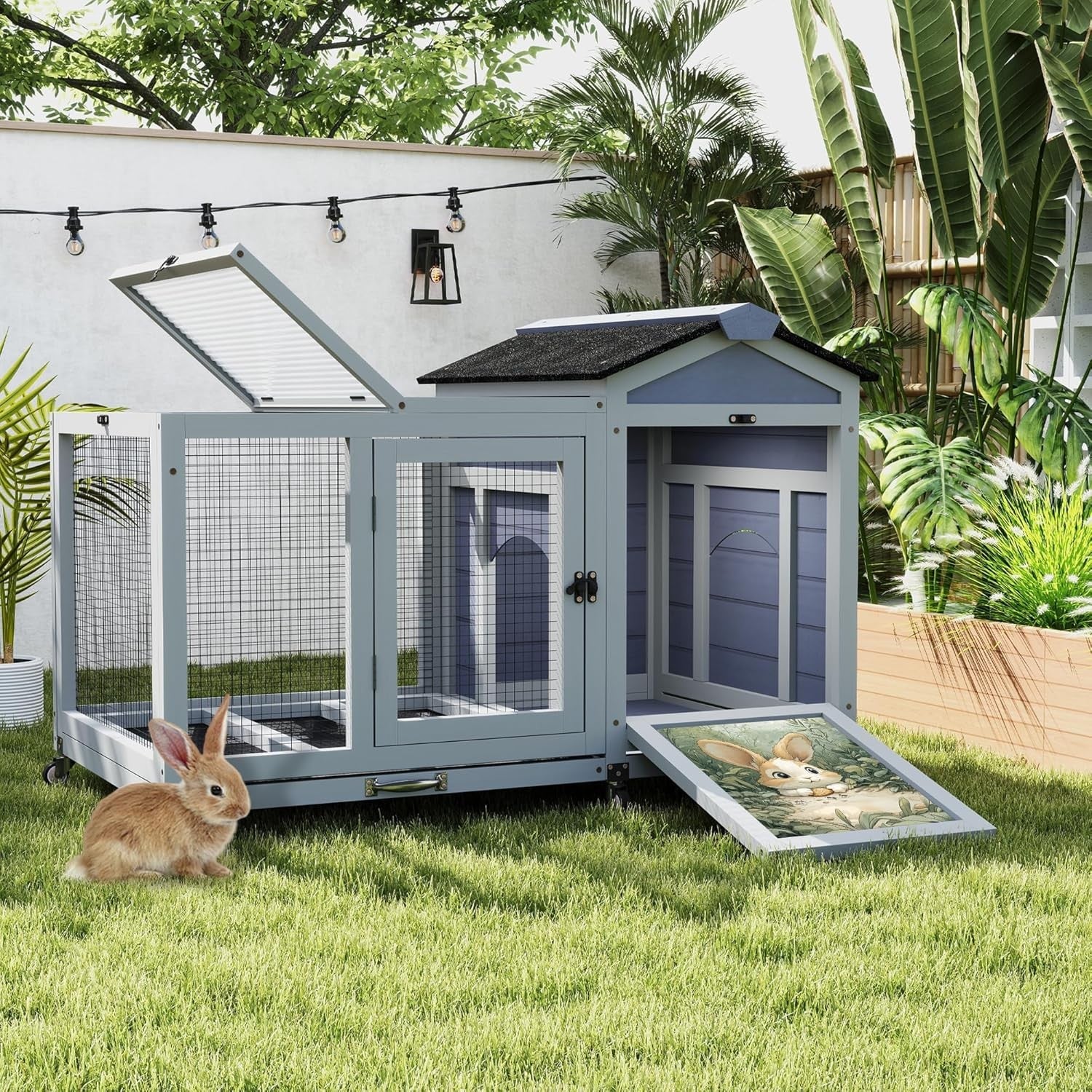 Large Wooden Rabbit Hutch Indoor Outdoor with Tray Lock Waterproof Roof