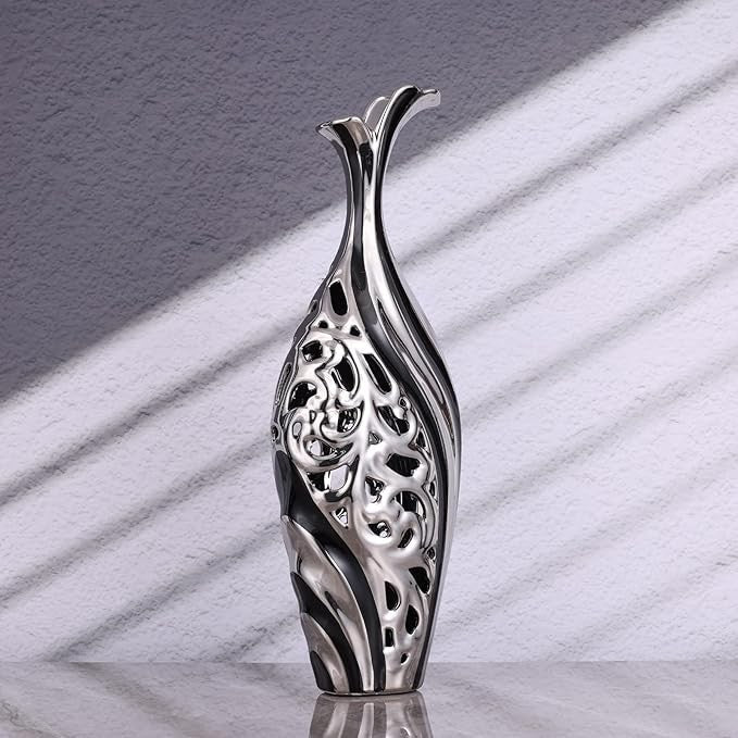 Tall Silver Black Floor Vase 50cm Modern Luxury Pampas Grass Decor