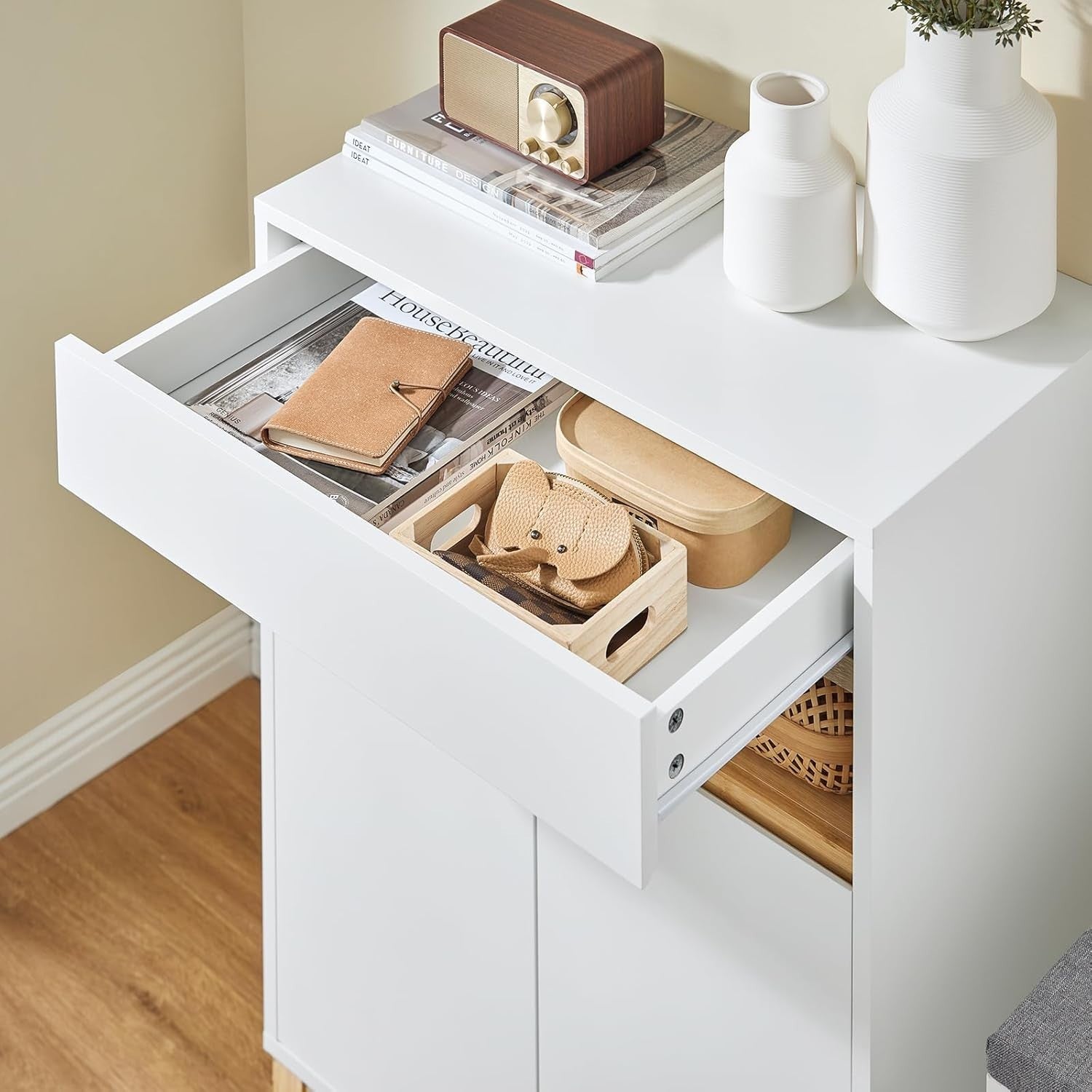 White Sideboard Cabinet with Drawer & Adjustable Shelves Bamboo Legs 60x34x85cm