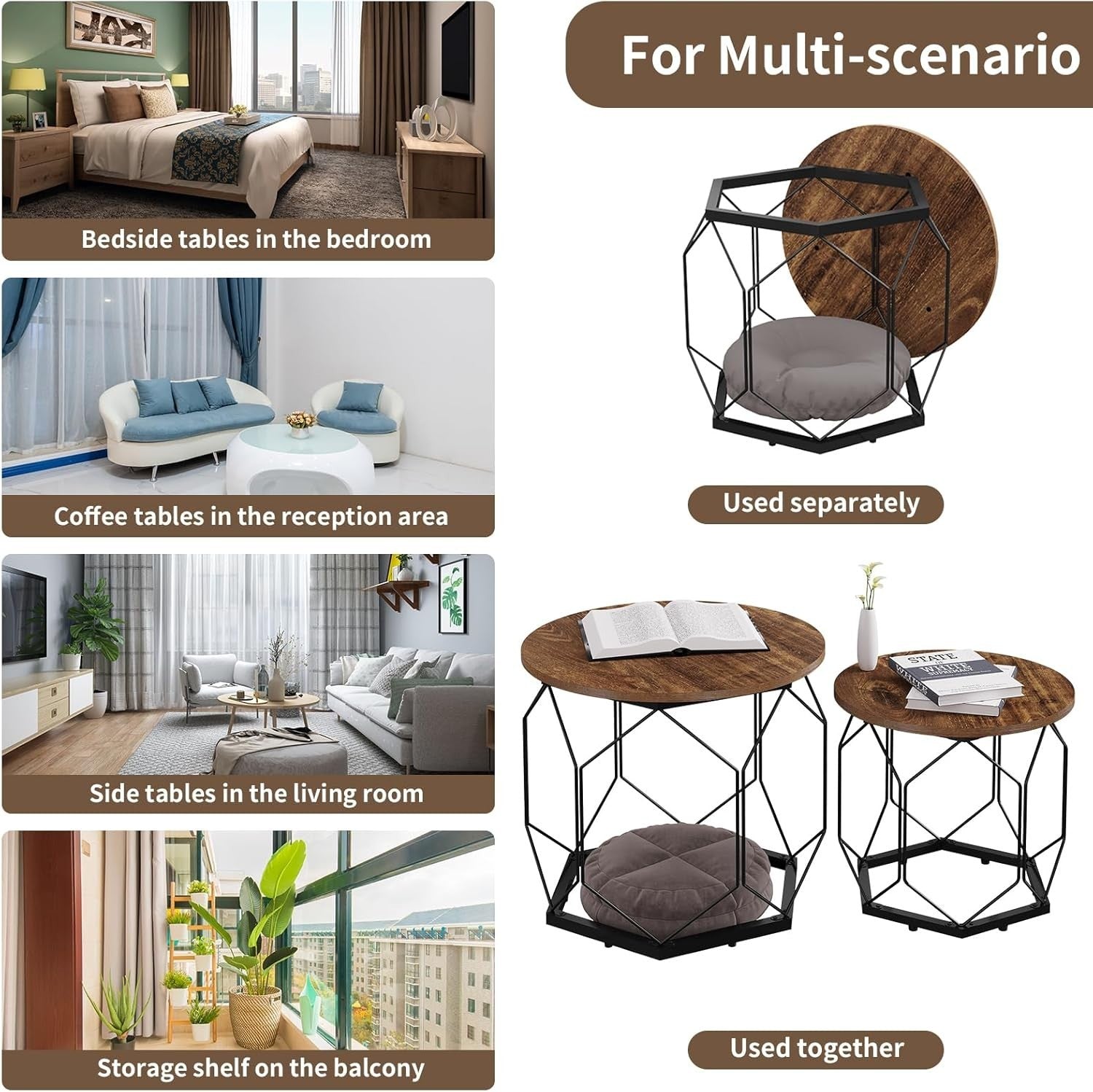 Set of 2 Round Coffee Tables with Storage Shelves, Sturdy Metal Frame