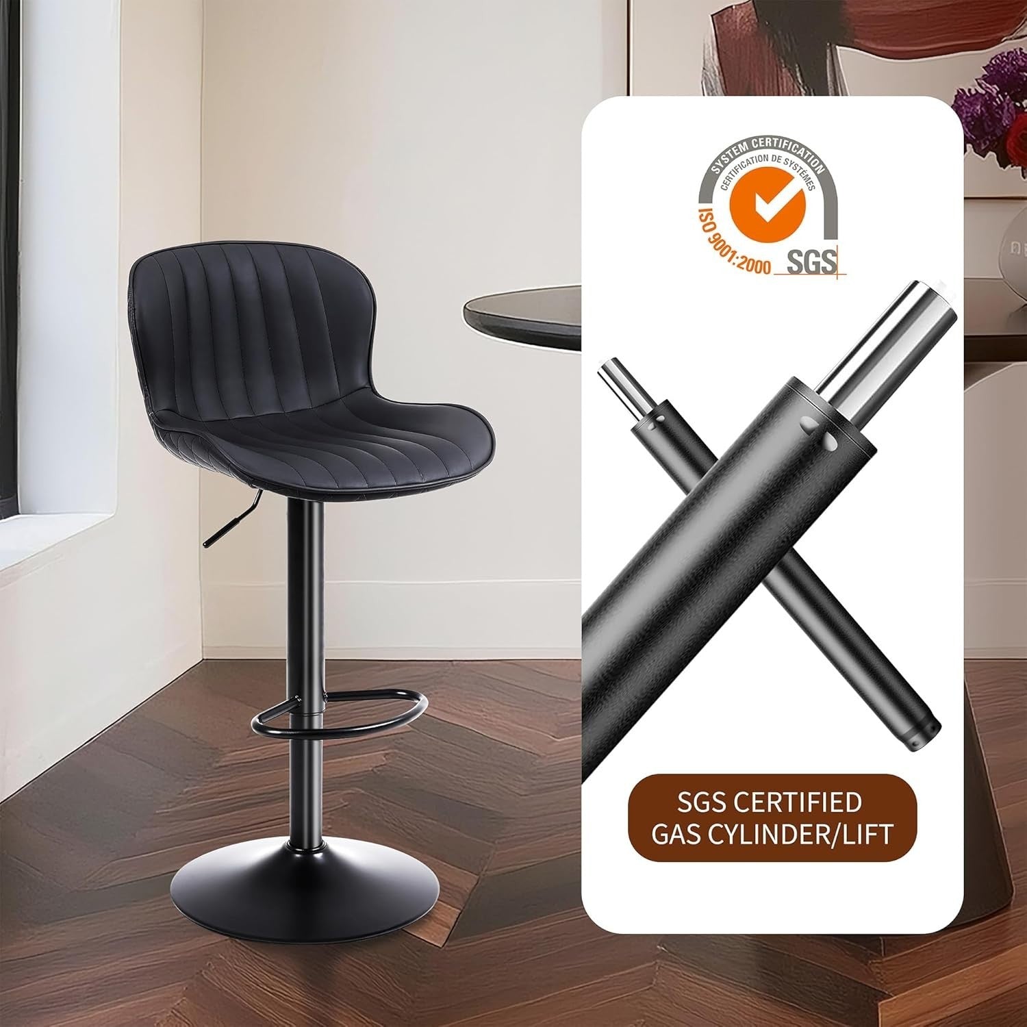 Black PU Leather Bar Stools Set of 2 Adjustable Kitchen Counter Chairs