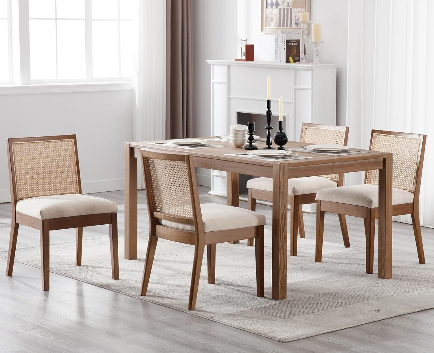 Set of 4 Rattan Dining Chairs Upholstered Seat Wooden Frame Mid Century