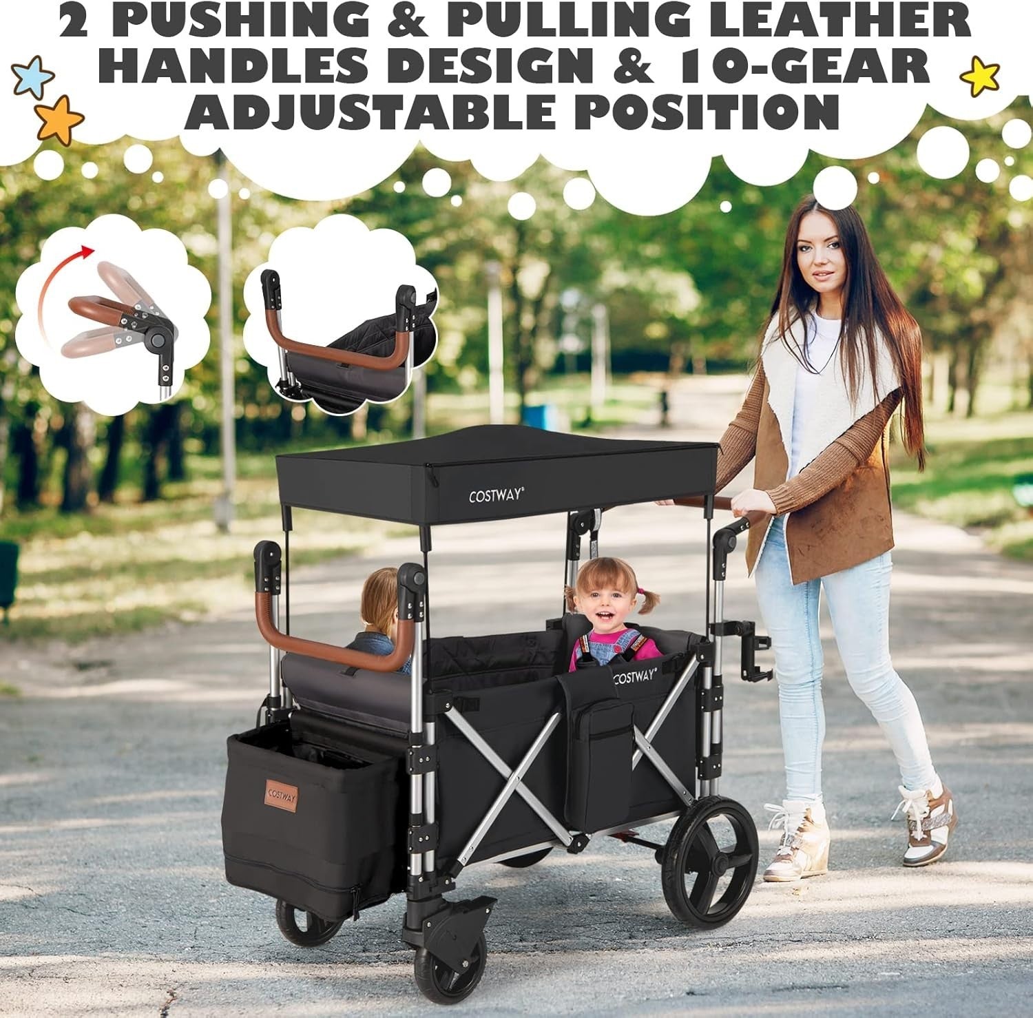 Black Push Pull Stroller Wagon 2-Seater Folding Cart w/ Canopy 5-Point Harness