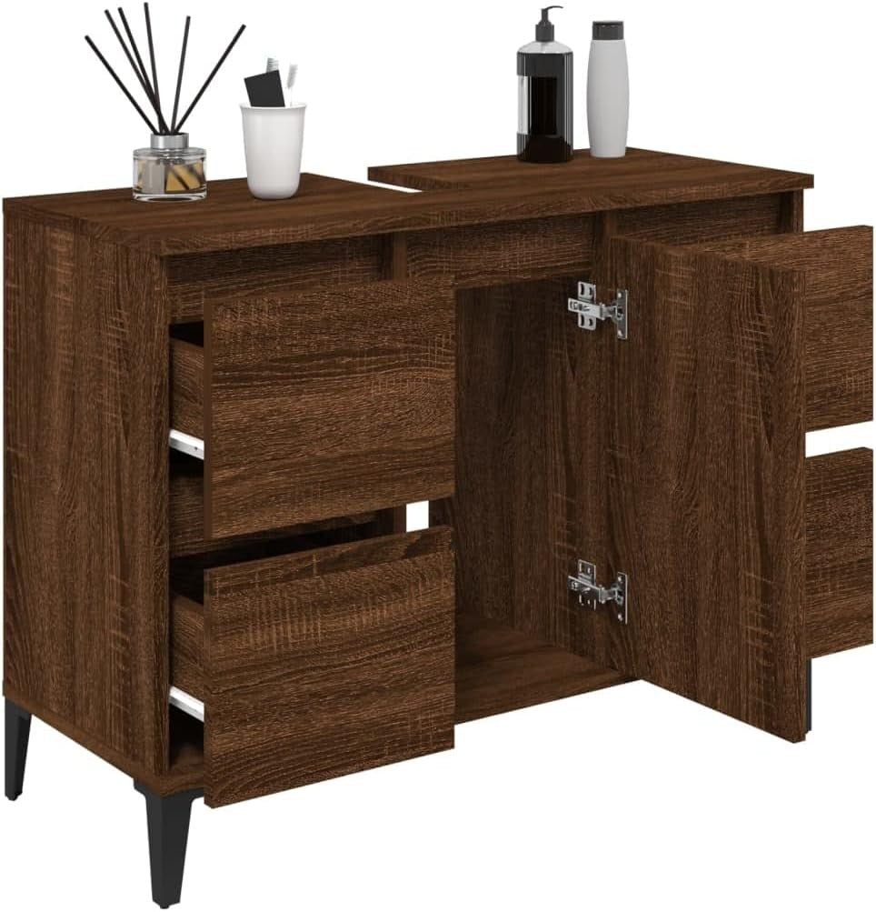 Brown Oak Under Sink Bathroom Cabinet with Drawers & Door – Industrial Vanity