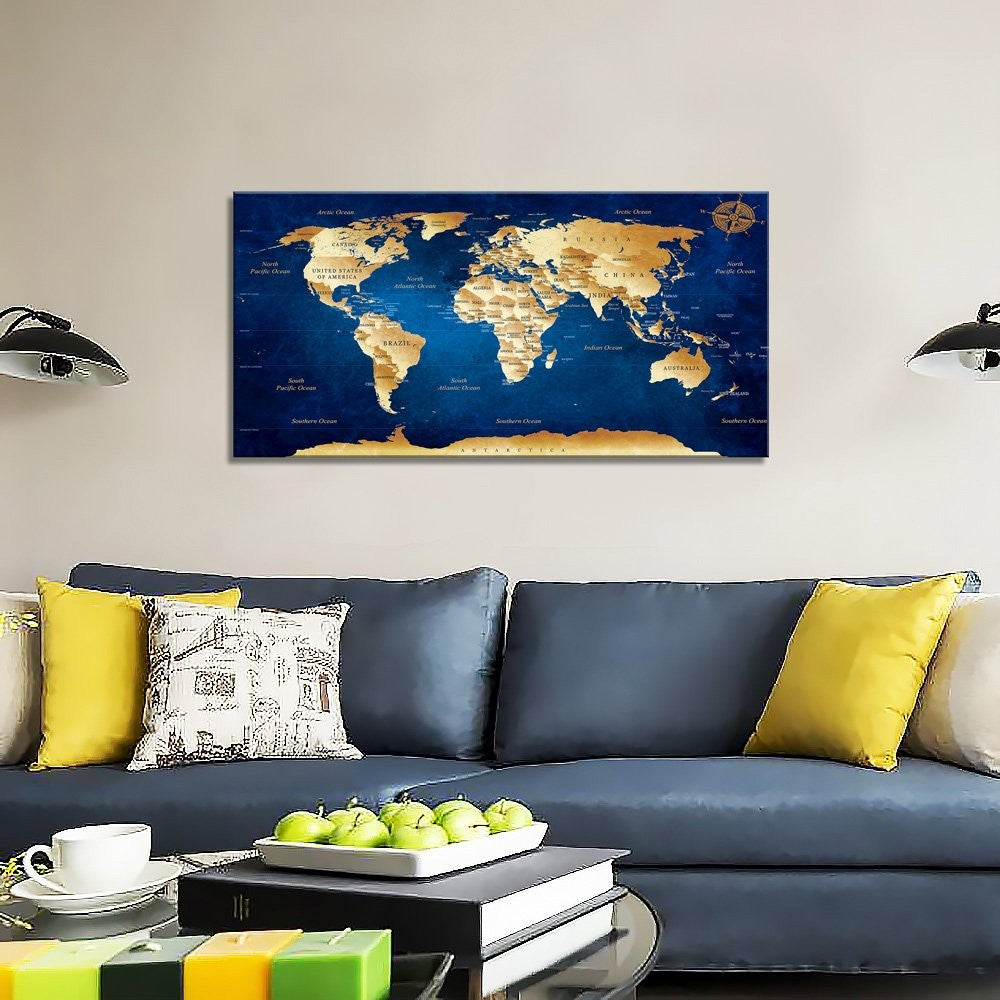 World Map Canvas Wall Art 50x100cm Blue Framed Ready to Hang