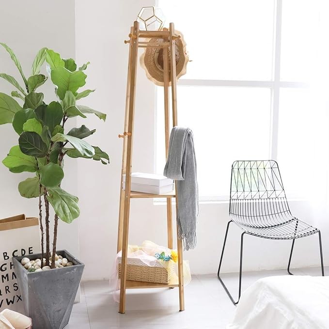 Bamboo Coat Rack with Shelves | Freestanding Hall Tree with 8 Hooks & 3 Tiers