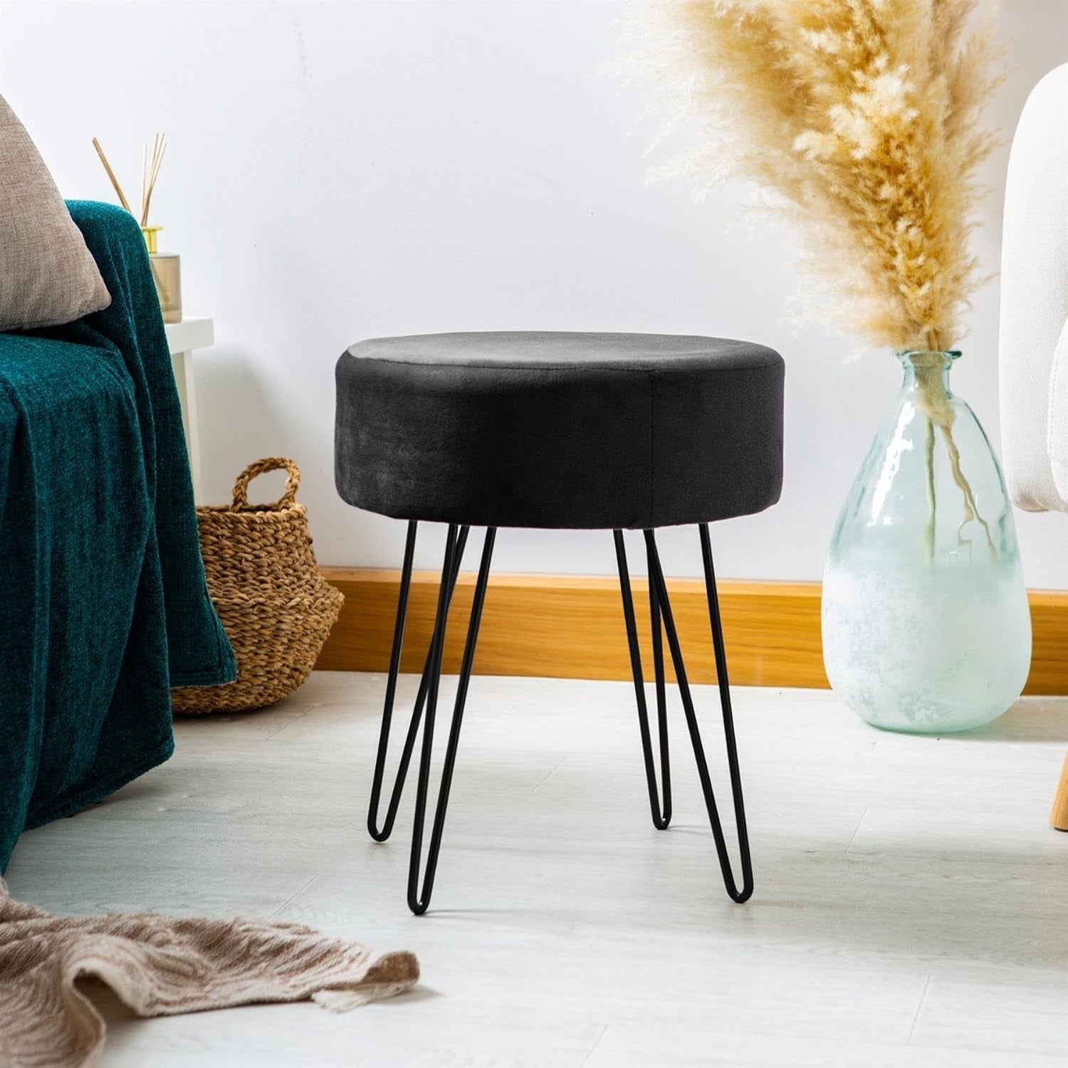 Set of 2 Black Velvet Footstools Hairpin Legs Modern Round Pouffe Seats