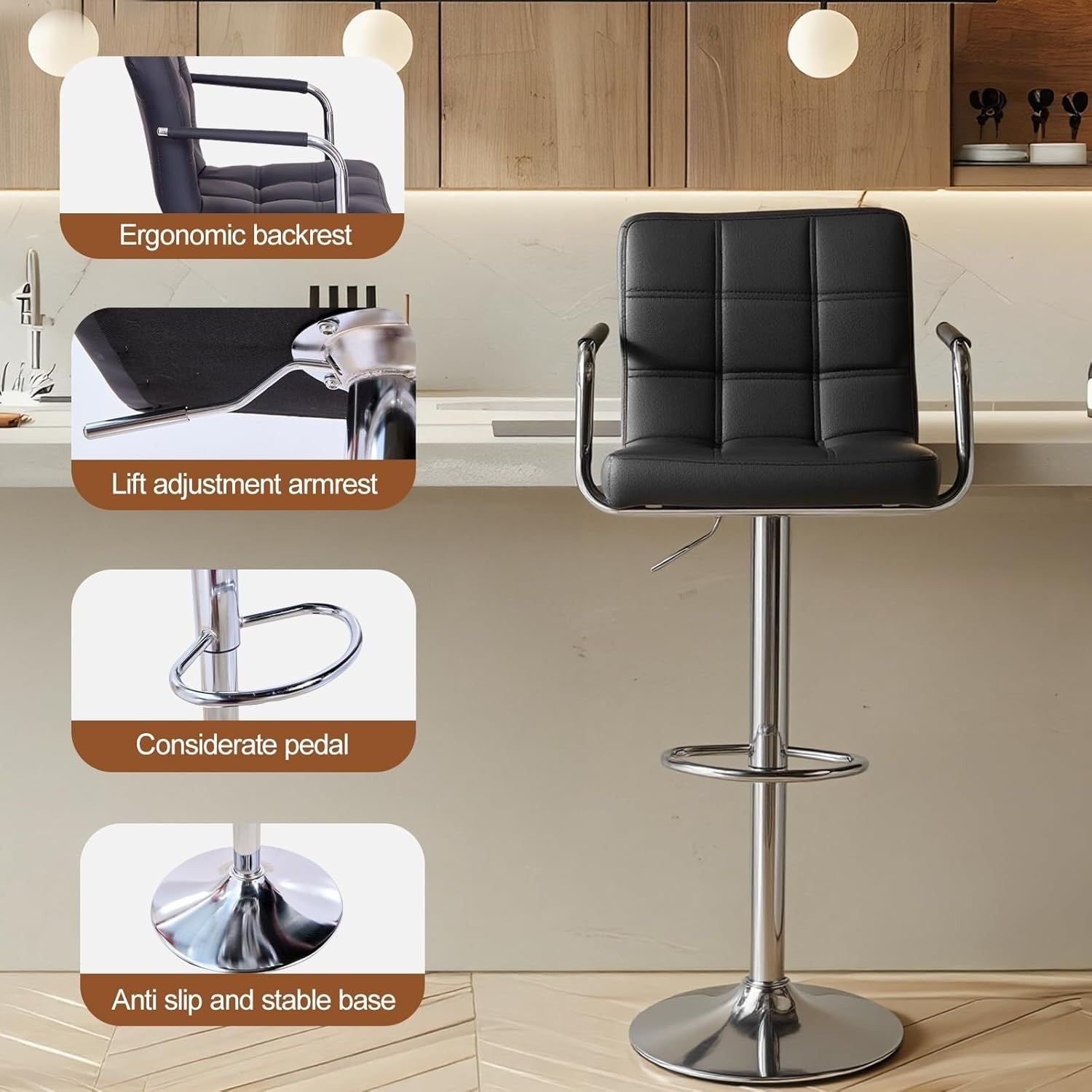 Black PU Leather Bar Stool Adjustable Height 360° Swivel with Armrest