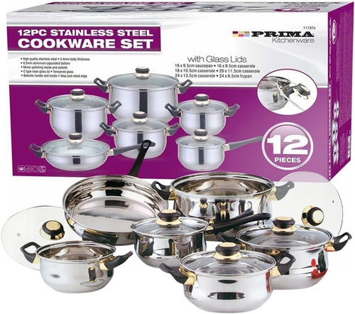 12pcs Stainless Steel Cookware Set with Glass Lids Saucepan Frying Pot