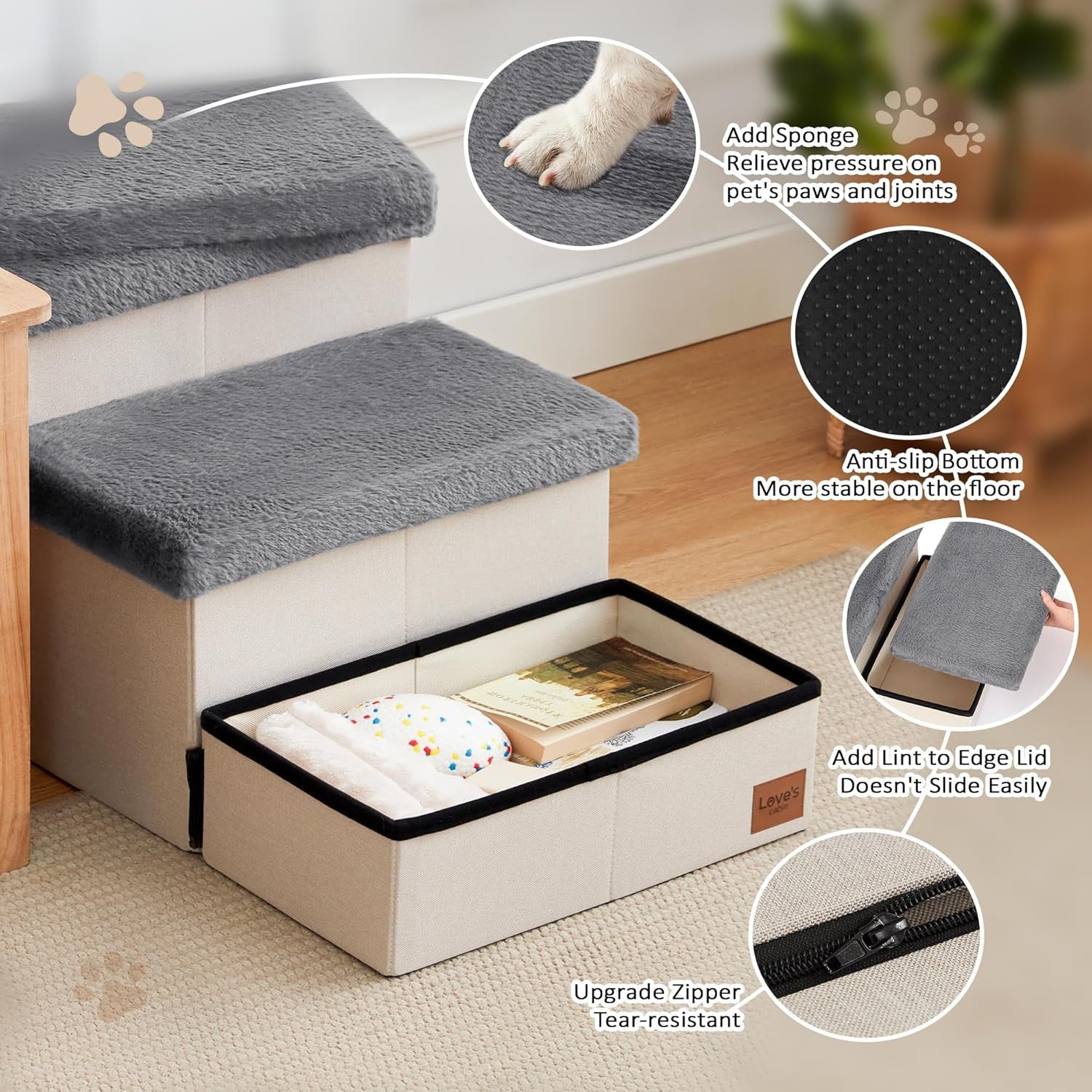 Dog Stairs 3 Step 18" High with Storage Furry Lid Pet Steps Grey