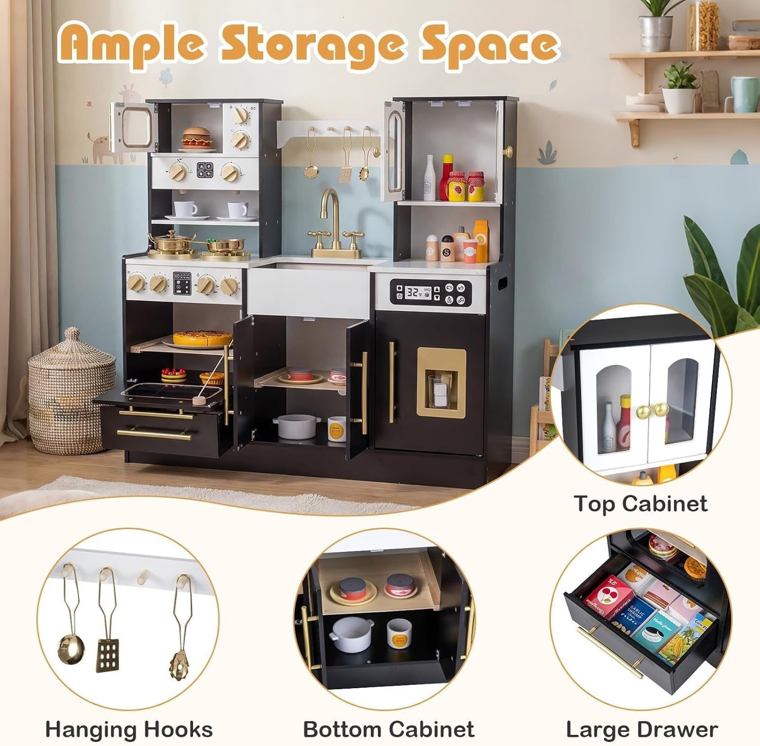 Luxury Kids Wooden Play Kitchen Lights Sounds Ice Maker Black Set