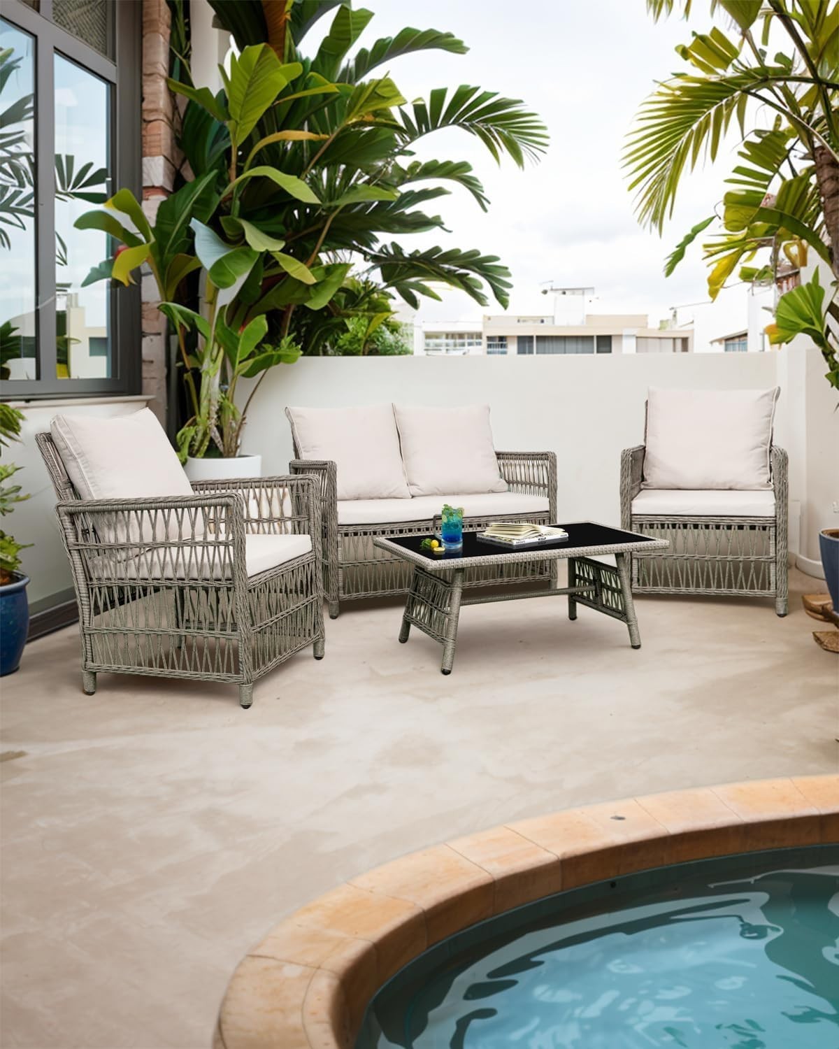 Rattan Garden Furniture Set 4 Piece Outdoor Sofa Set w/ Cushions Patio