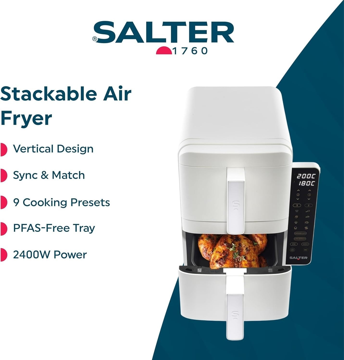 Vertical Dual Drawer Air Fryer 9L 9 Presets, 4-Level Cooking Sync/Match, 2400W