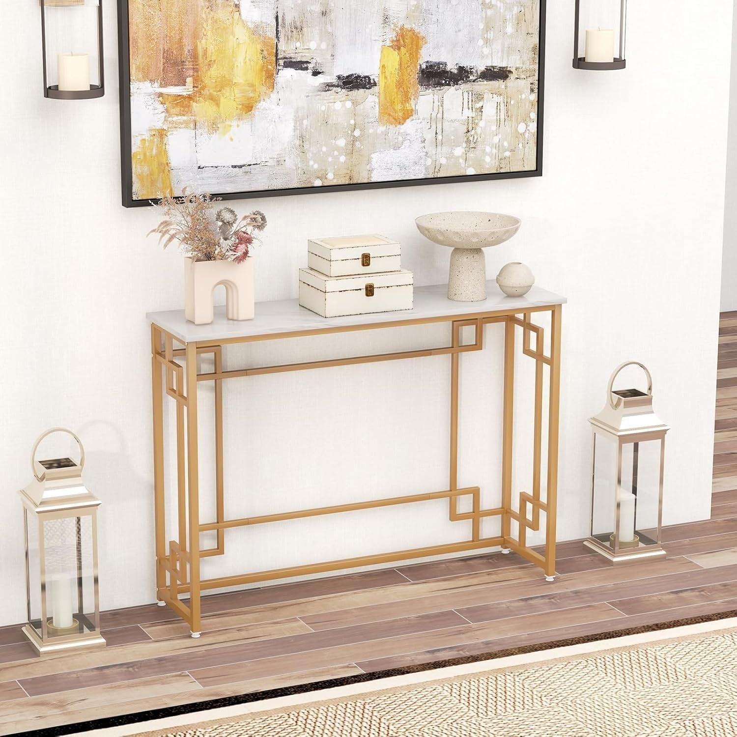 Slim Faux Marble Console Table with Gold Metal Frame – 110cm Wide, Anti-Tip