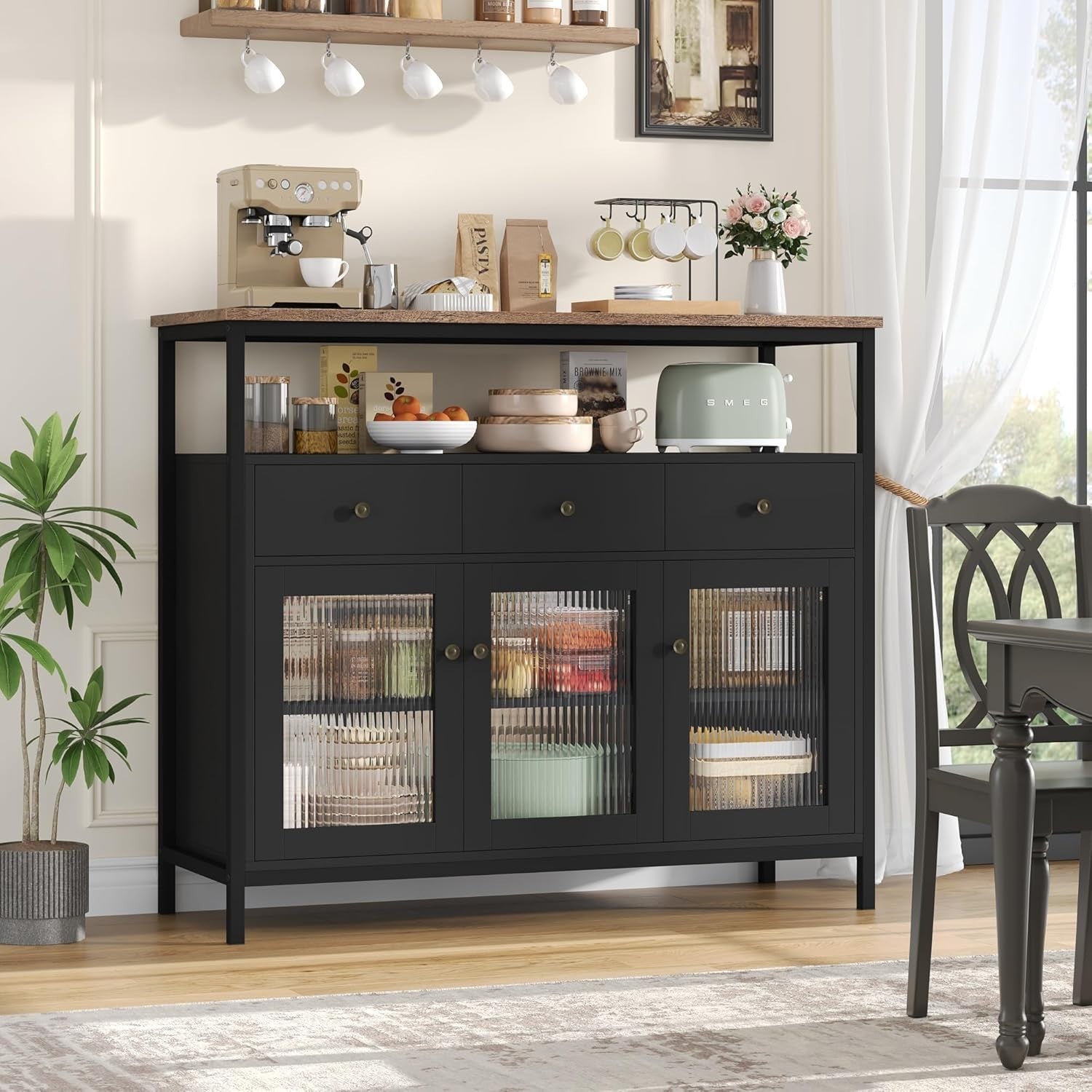Modern Black Sideboard Cabinet with Glass Doors, Drawers, Adjustable Shelves