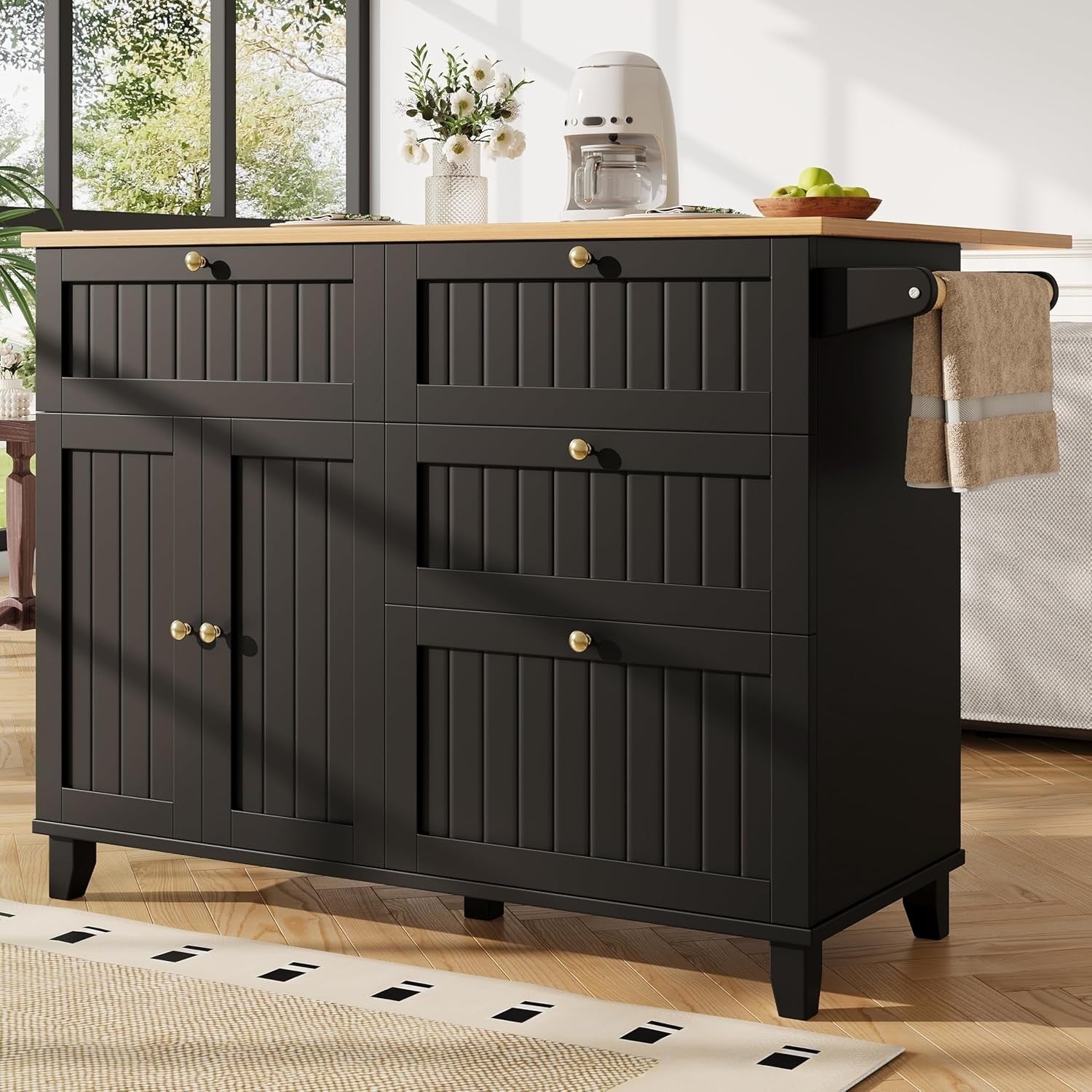 Black Rolling Kitchen Island with Foldable Top, Drawers, Cabinet & Towel Rack
