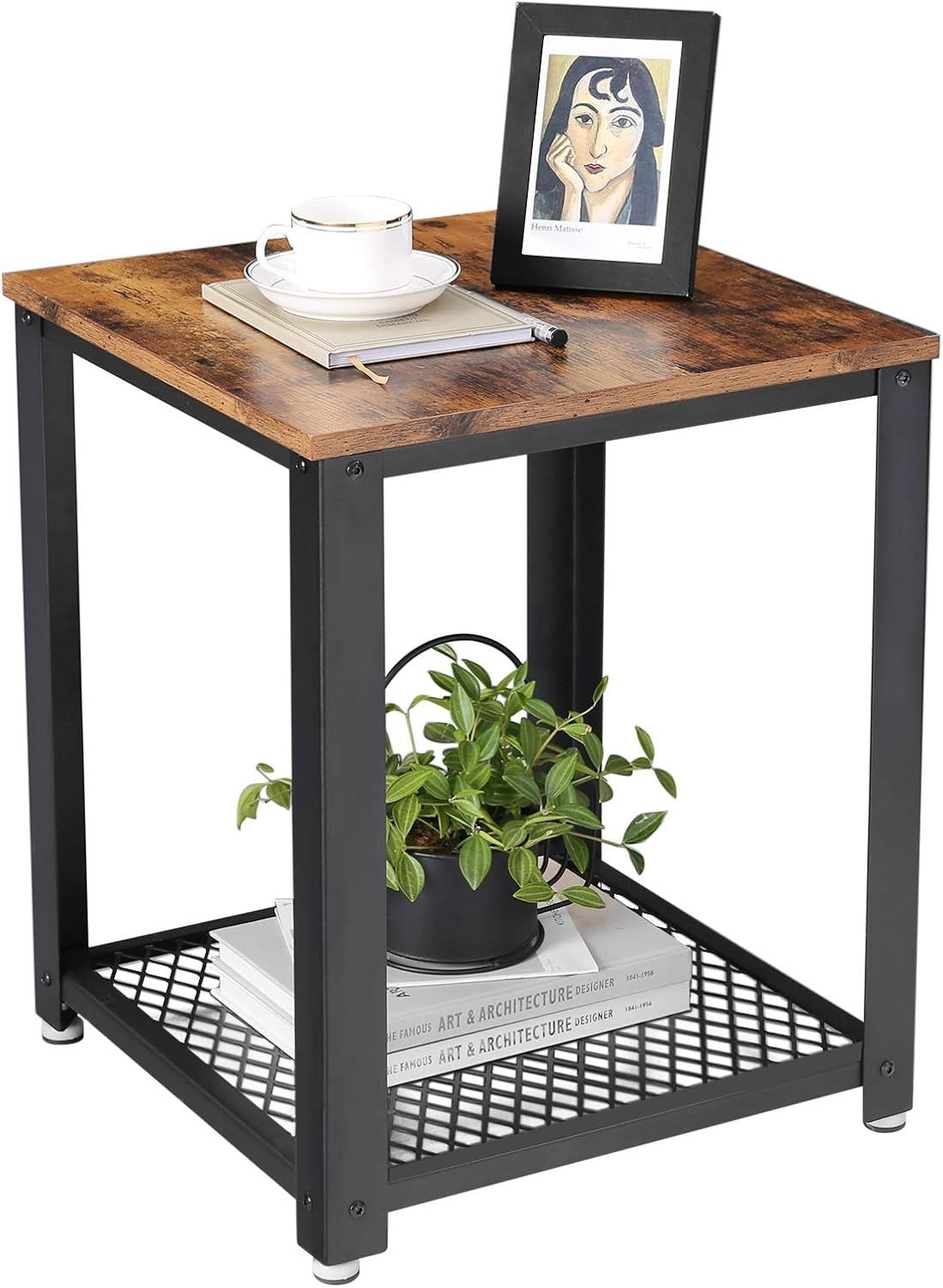 Industrial Side Table with Shelf, Sturdy Metal Frame, Rustic 45x55x55cm