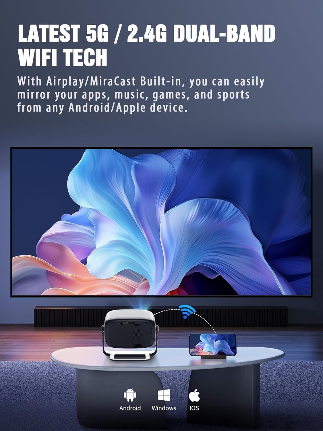 Smart 4K Mini Projector WiFi 6 Bluetooth Auto Focus 1080P 200in