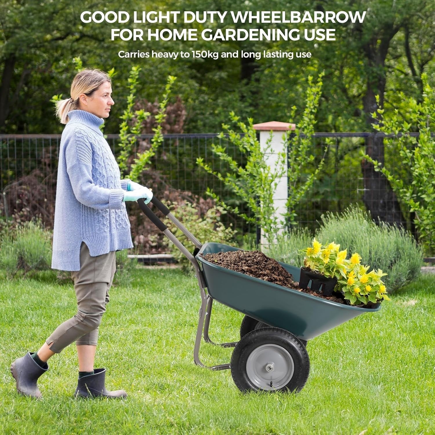 85L 2-Wheel Garden Trolley – Green Heavy Duty Cart w/ Pneumatic Tyres 150kg Load