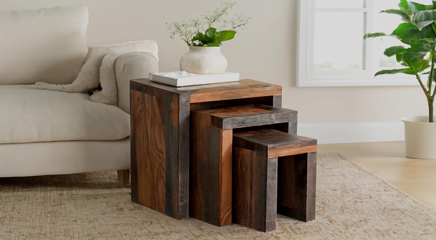 Space Saving Nesting End Tables Solid Sheesham Wood Dark Stain Cube Set of 3