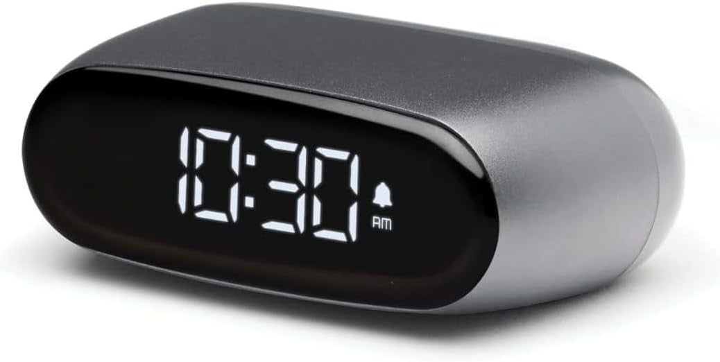 Mini Digital Alarm Clock Metallic Grey Rechargeable Touch Snooze Desk Bedside