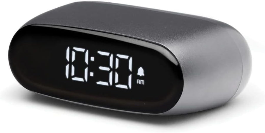 Mini Digital Alarm Clock Metallic Grey Rechargeable Touch Snooze Desk Bedside