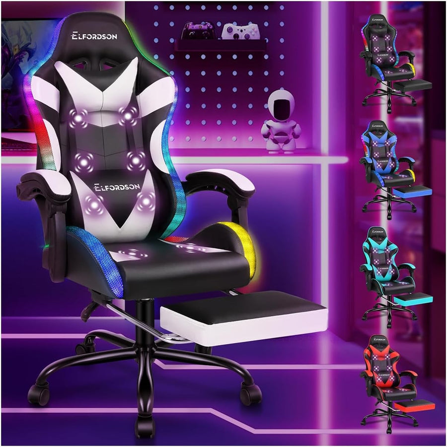White LED Gaming Chair RGB 8-Point Massage Recliner w/ Footrest