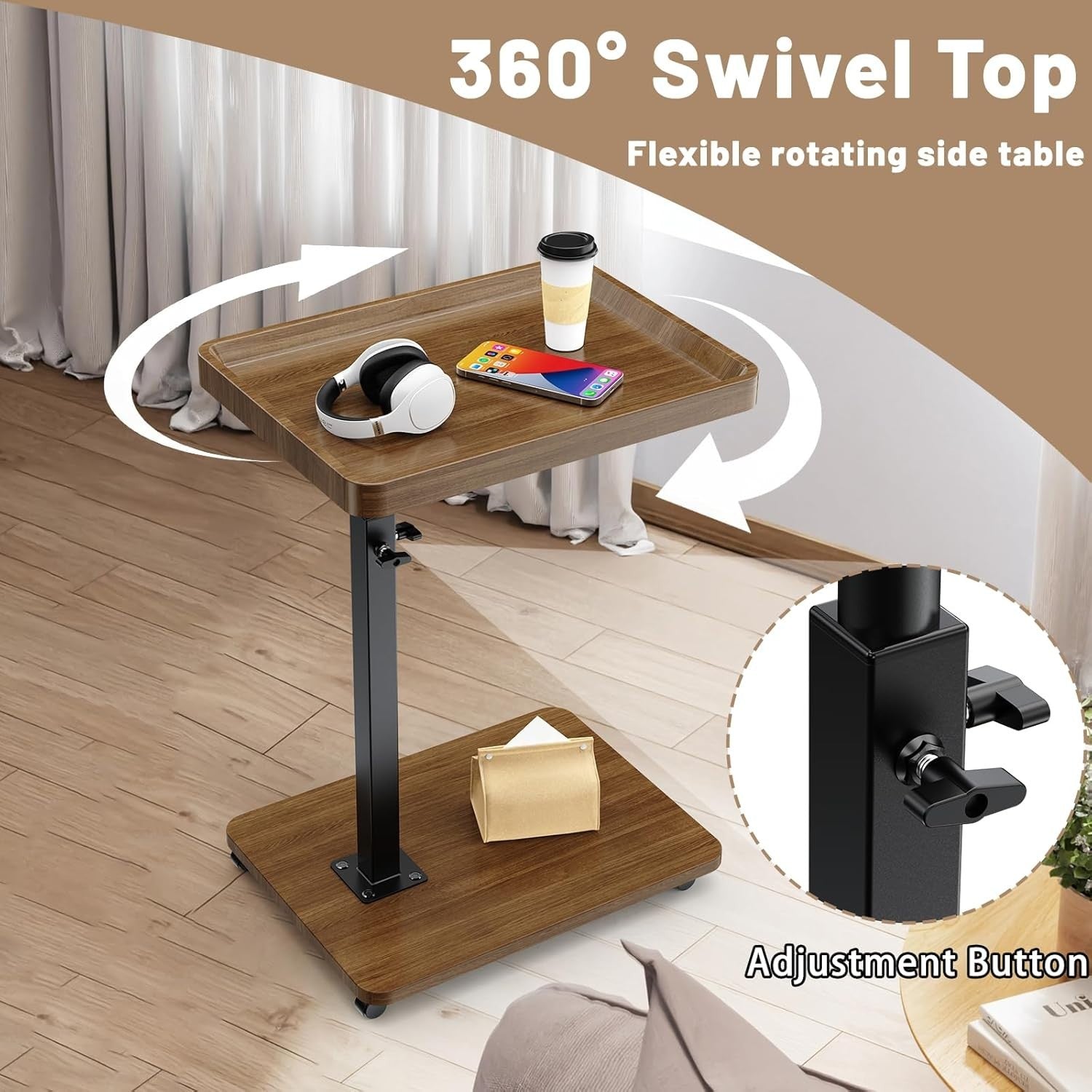 Adjustable C-Shaped Side Table with Wheels 360° Swivel Tray Walnut