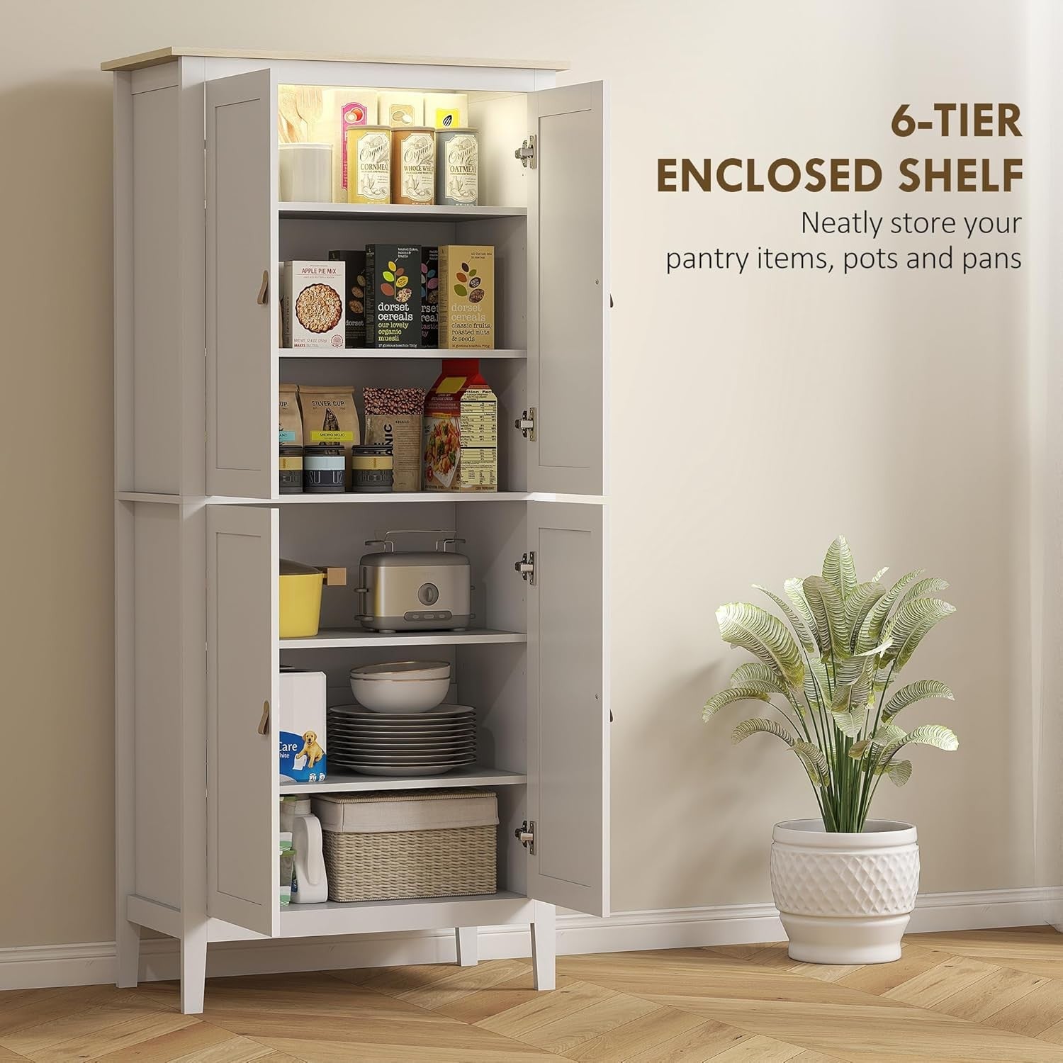 Tall White Kitchen Cupboard Cabinet LED Light 177cm Storage Unit Shelves