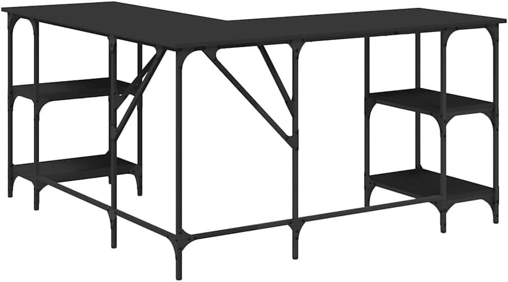 L-Shape Corner Desk with Shelves 139cm Black Office Study Computer Table