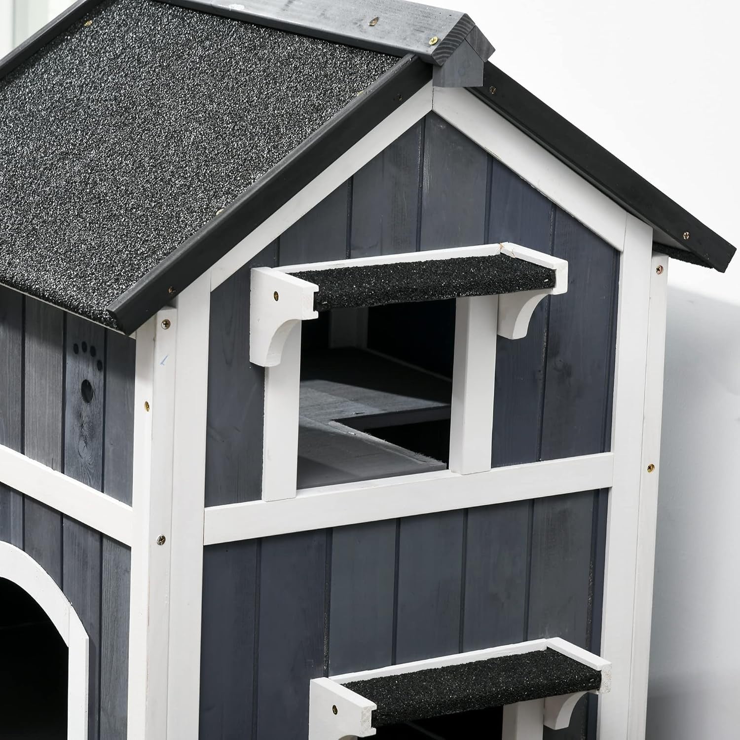 Large Wooden Outdoor Cat House with Flower Pot, Water-Resistant Roof & Multiple
